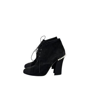 Chanel Black Suede Lace Up Pearls Booties - Size 38.5